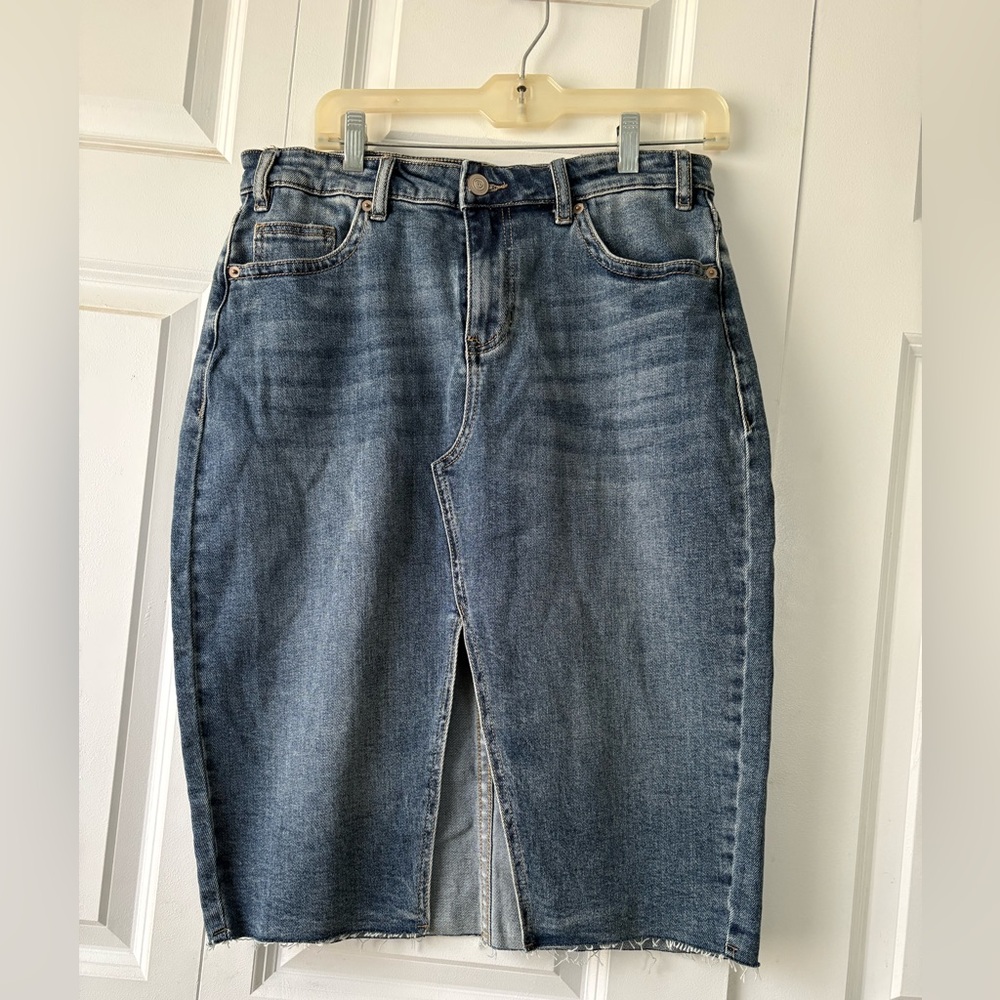 RockNRoll Classic Denim Midi Skirt with Front Slit NWT